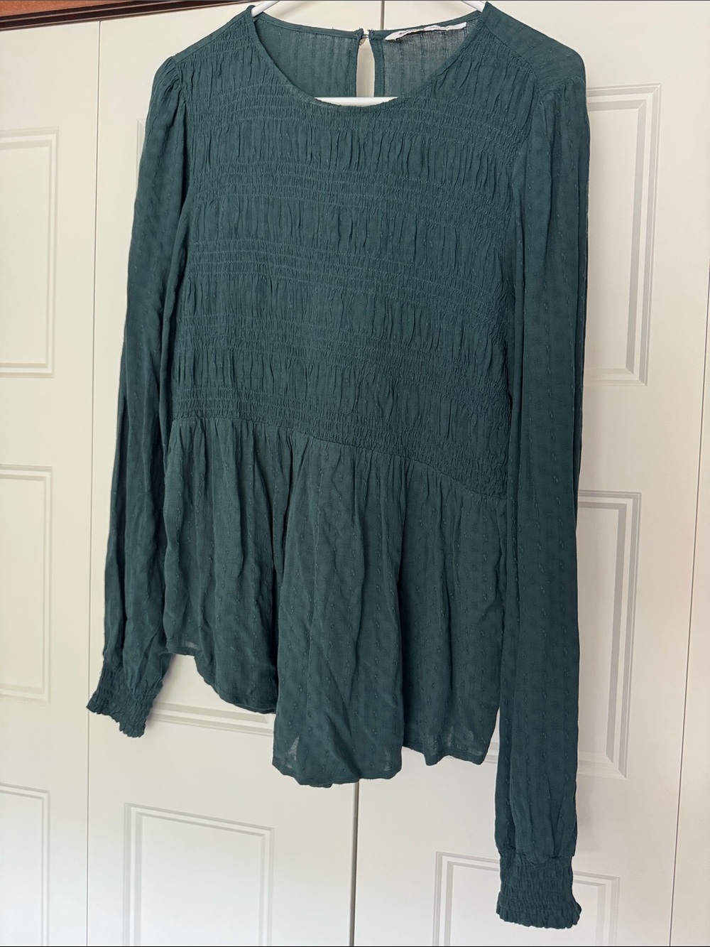Sonoma Dark Green Smocked Peplum Long-Sleeve Top
